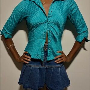 Blue Ruched Button Down Shirt with Cuffed Sleeves